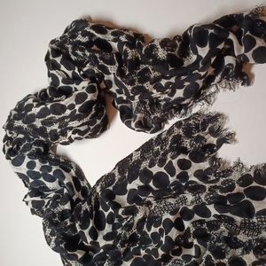 Scarf black and white circles sheer uneven bottom with short fringe
